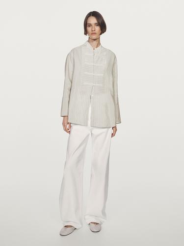 Zara Striped oversize blouse with stand collar - Oyster-white