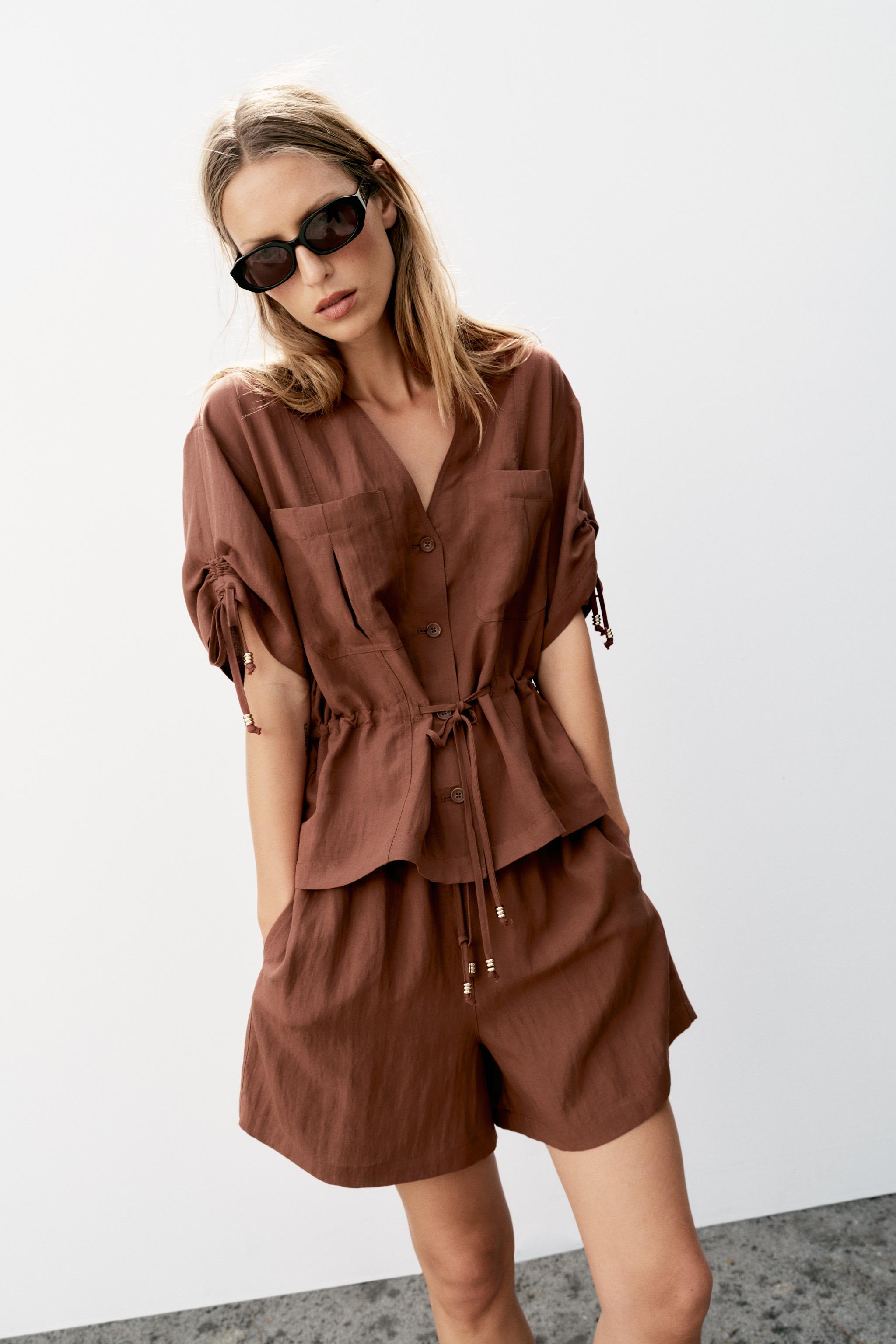 SHORT SLEEVE BEADED SAFARI JACKET — Dark russet