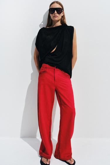 Zara ZW 系列低腰寬管牛仔褲 - 紅色