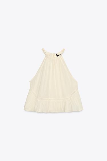 Zara EMBROIDERED GAUZE TOP - Light beige - Image 0