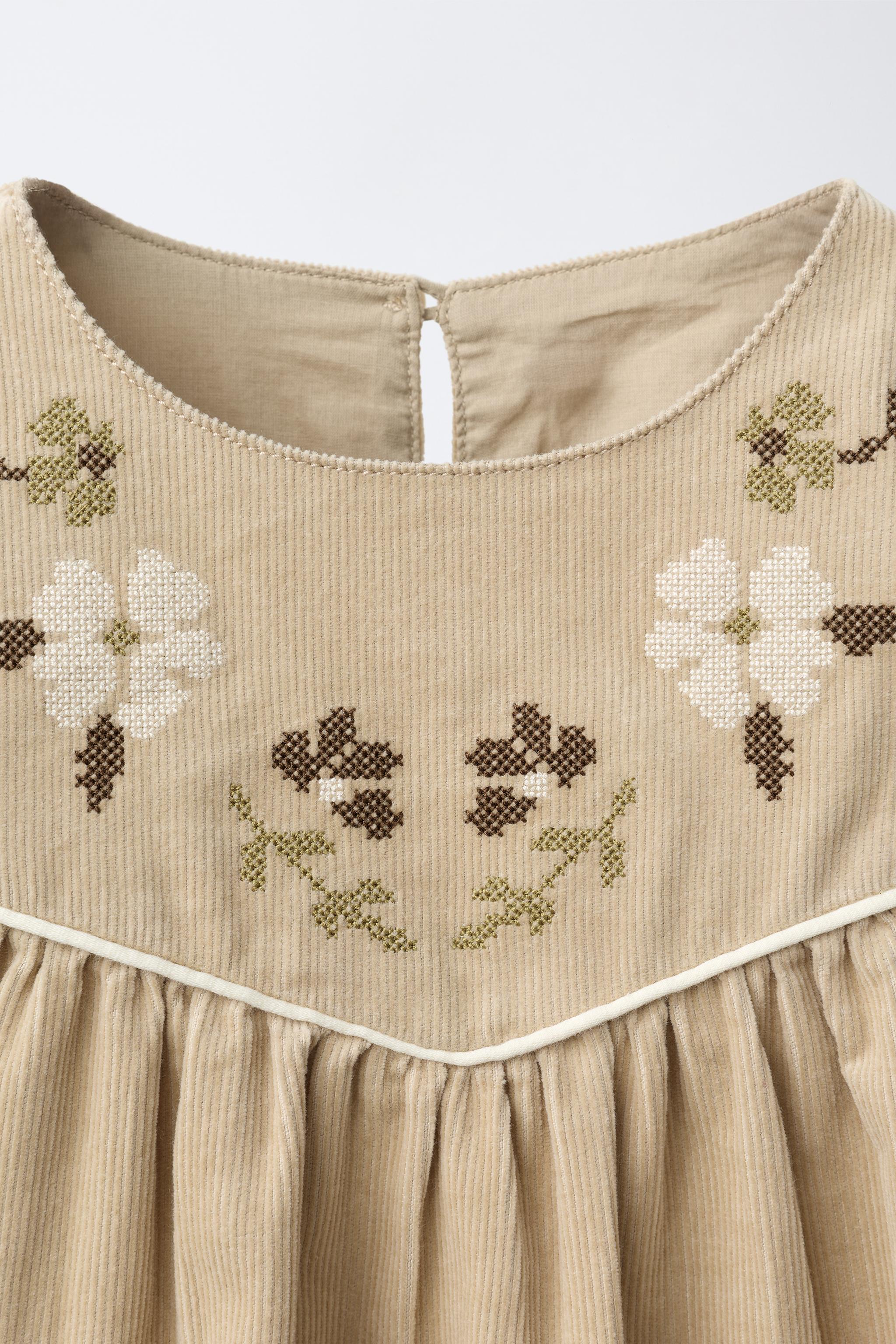 刺繍フラワーコーデュロイワンピース - ベージュ | ZARA Japan / 日本