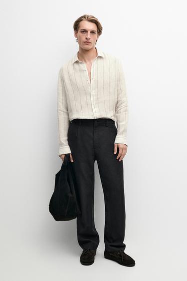 Zara 100% linen regular fit striped shirt - Ecru - Image 0