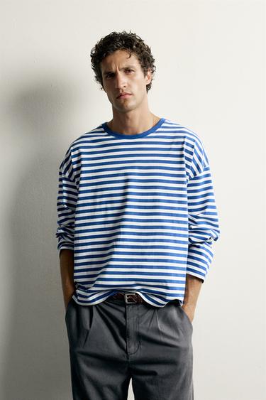 STRIPED OVERSIZED FIT LONG SLEEVE T-SHIRT - Blue/White by Zara
