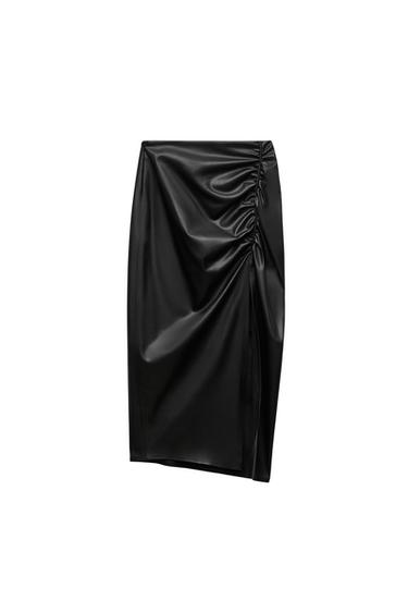 FAUX LEATHER GATHERED SKIRT
