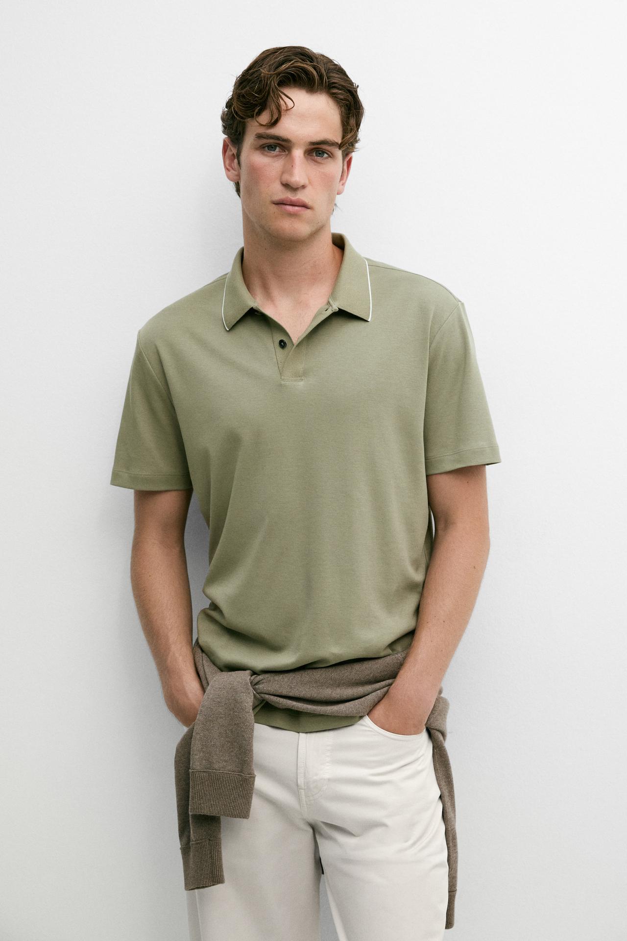 Short sleeve polo shirt with contrast detail — Khaki marl
