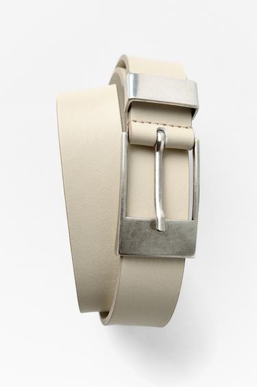 Zara JEDNOBOJNI KAIŠ OD 100% KOŽE SA ČETVRTASTOM KOPČOM – Ekru