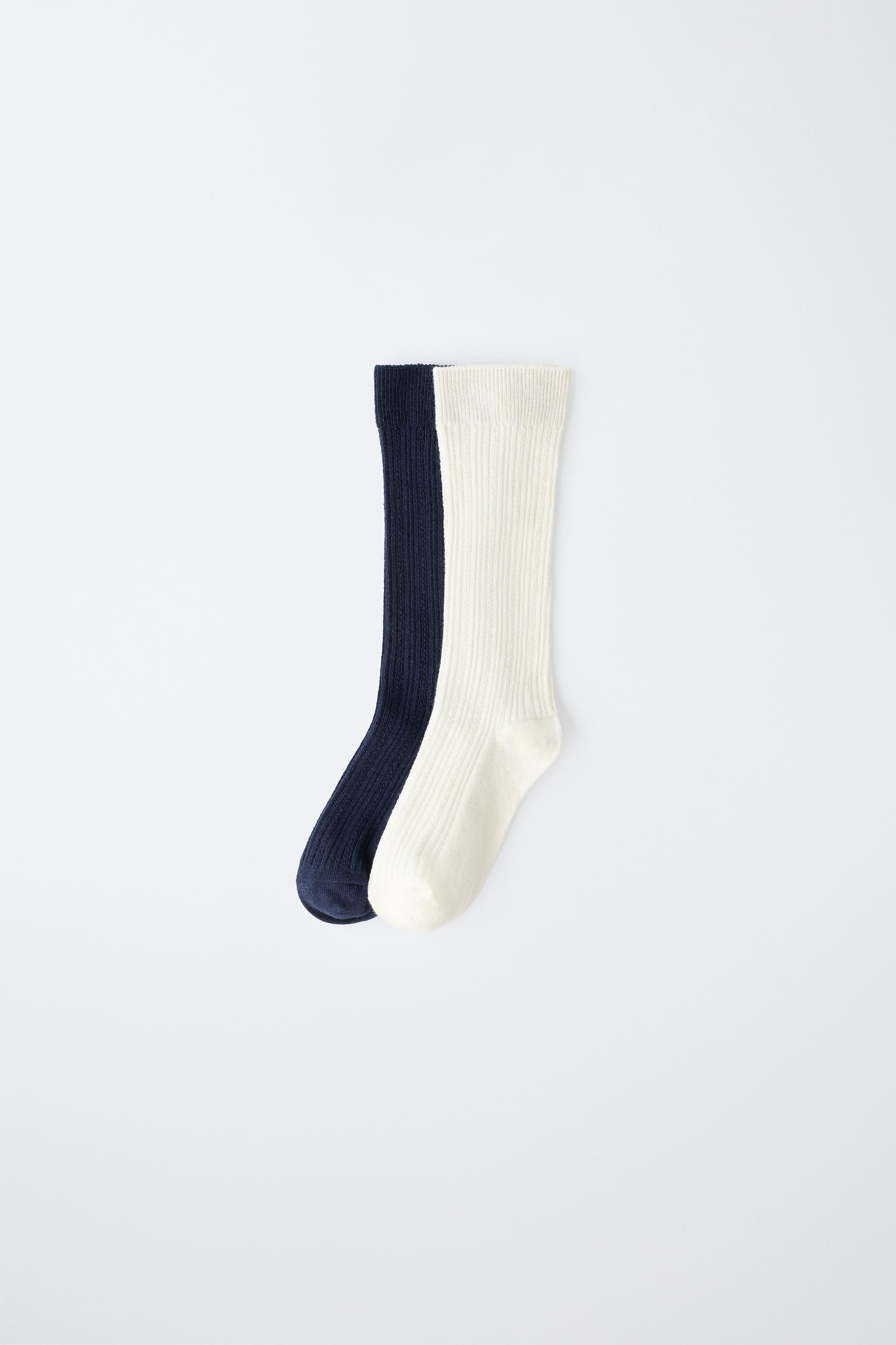 TWO-PACK LONG POINTELLE SOCKS — Navys / Ecru