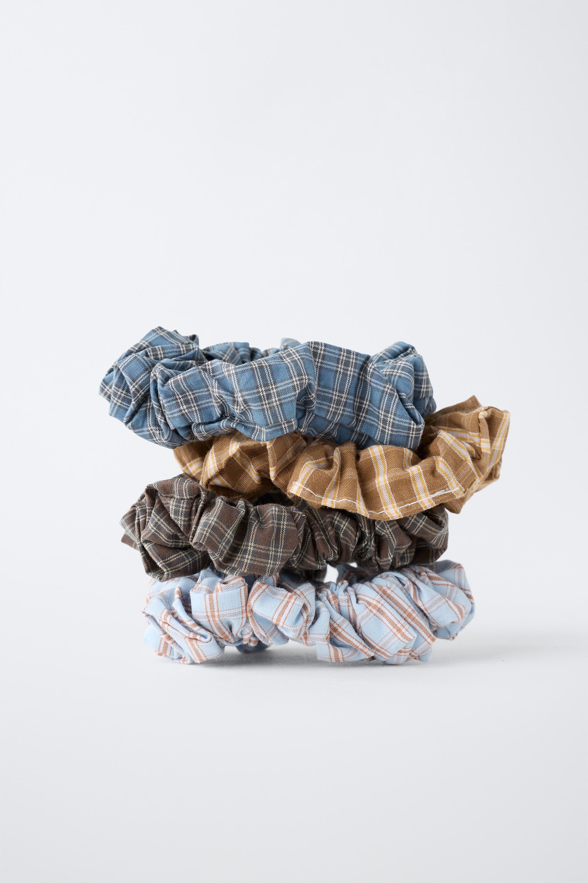 4-PACK PLAID HAIR SCRUNCHIES — Brown-Blue