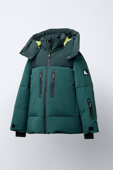 WATER-RESISTANT AND WINDPROOF COLOR BLOCK DOWN FEATHER PUFFER JACKET WITH DETACHABLE HOODIE RECCO® SYSTEM SKI COLLECTION - Green by Zara - Image 2