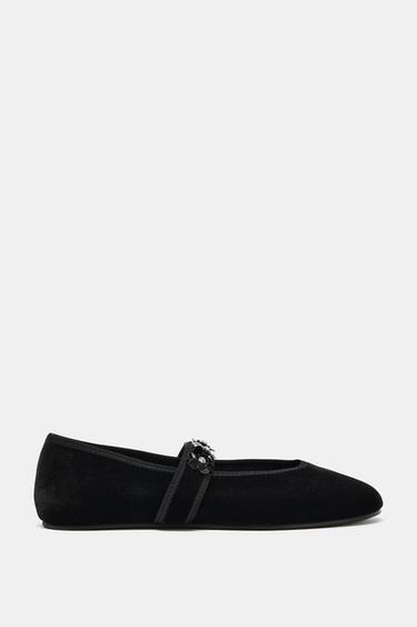 Zara VELVET EFFECT BALLET FLATS WITH DETAILS - Black