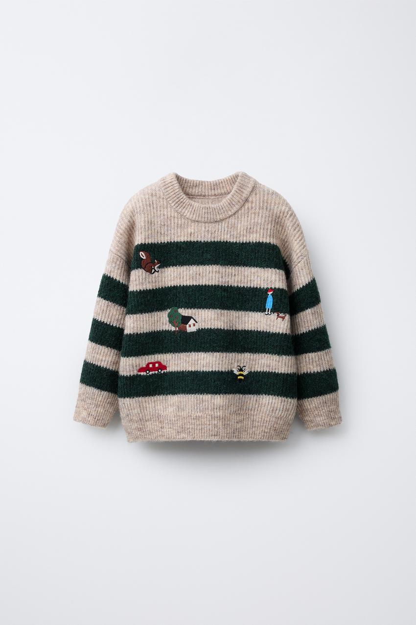 STRIPED KNIT SWEATER WITH FOREST EMBROIDERY