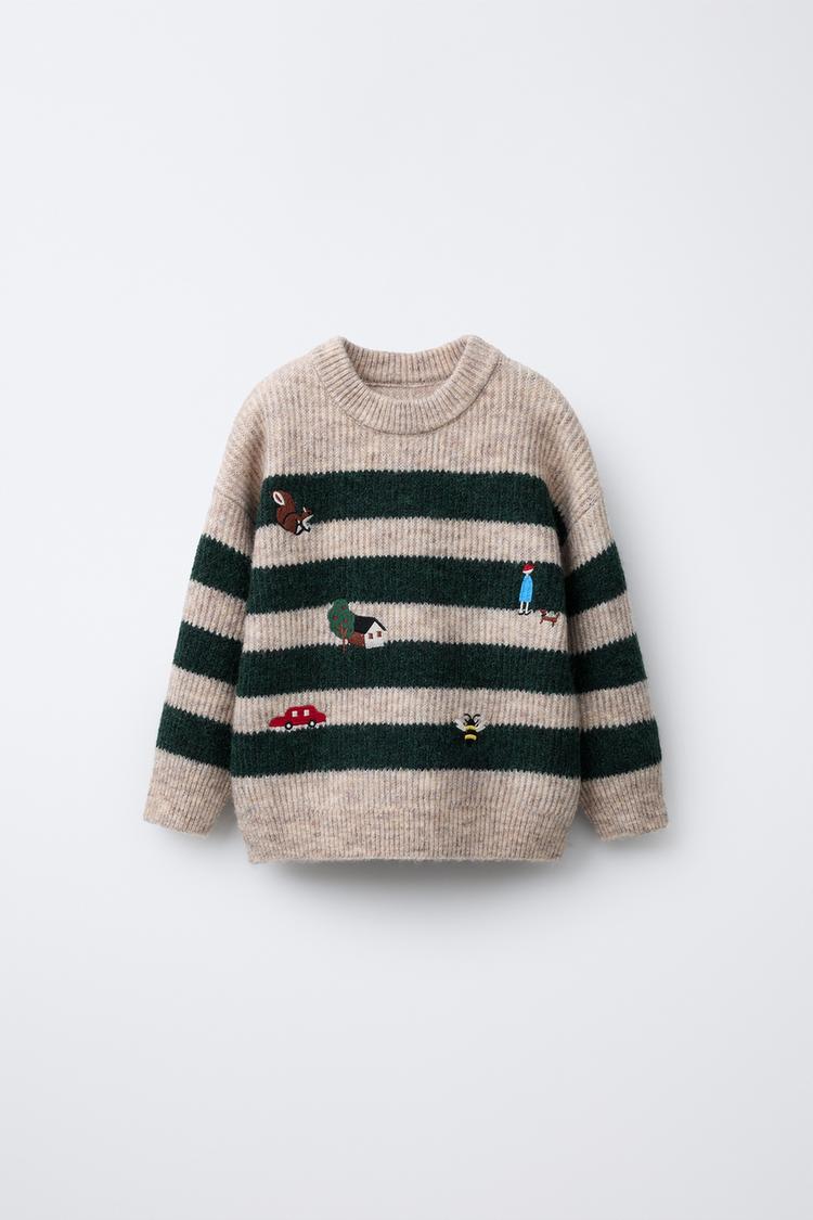 STRICKPULLOVER MIT WALDSTICKEREI UND STREIFEN Hellbeige ZARA