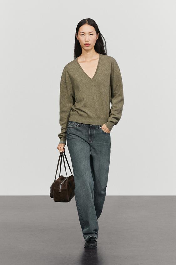 Zara Wool blend knit V-neck sweater - Green marl - Image 0