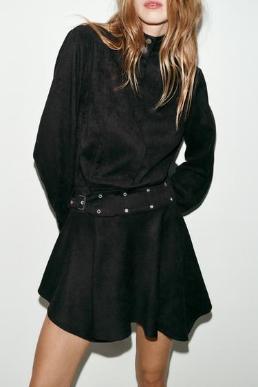 Zara BELTED FAUX SUEDE MINI DRESS - Brown