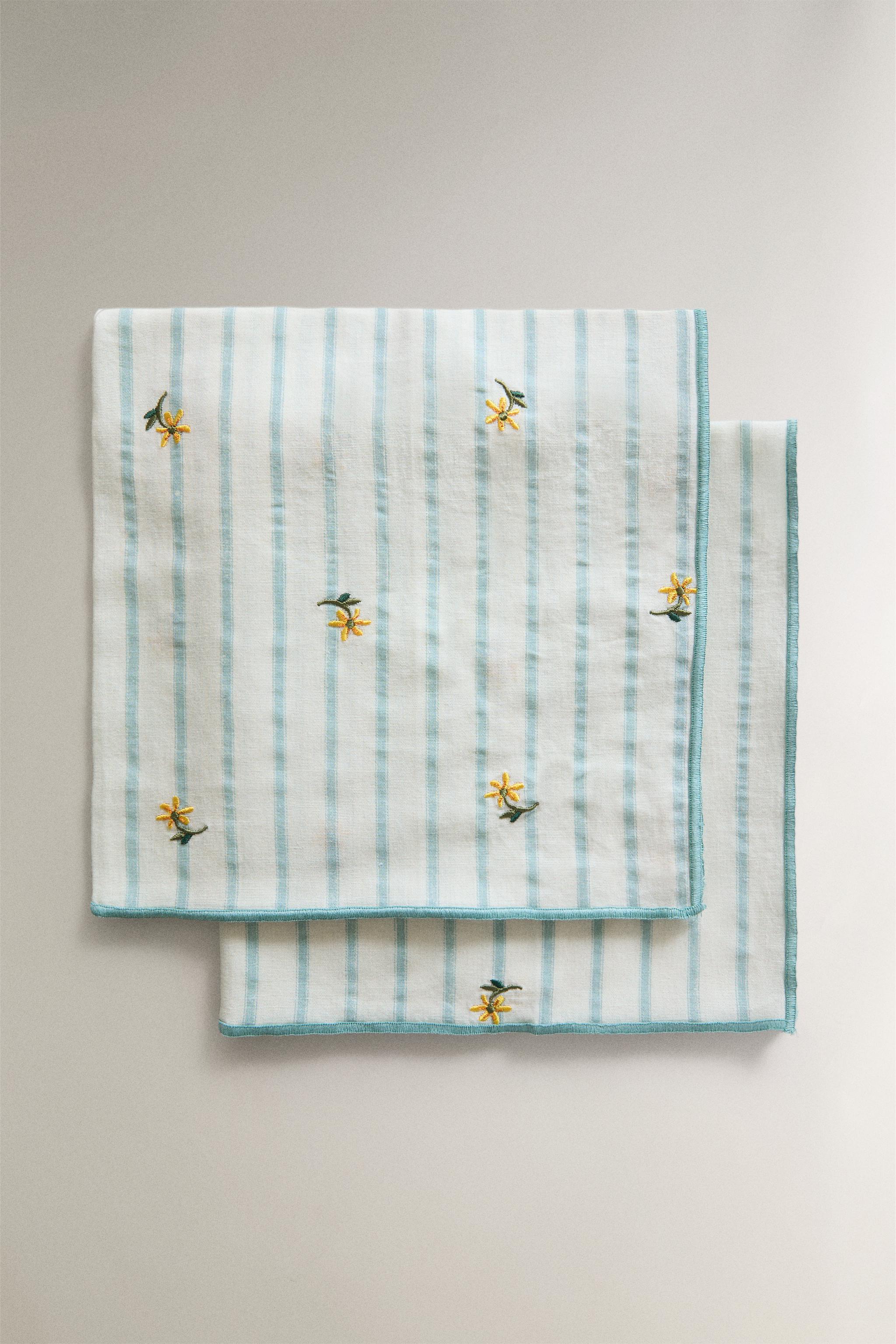 LOT DE 2 SERVIETTES TABLE RAYURES ET FLEUR BRODÉE