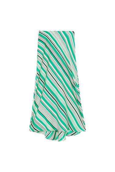 Asymmetrical skirt with a diagonal striped print in green, white, and black on a white background.