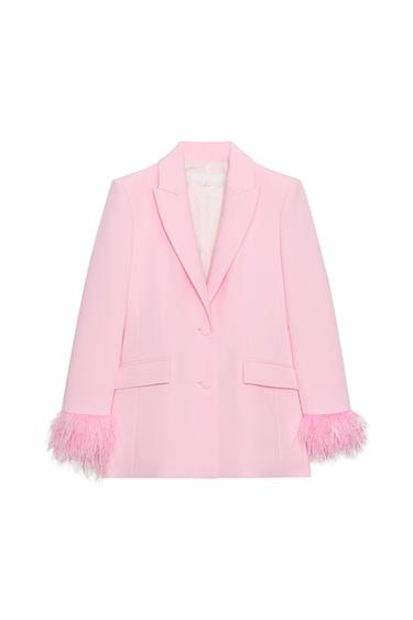 Front view of a pink blazer with a lapel collar, shoulder pads, feathered cuffs, and front flap pockets. Button fastening.