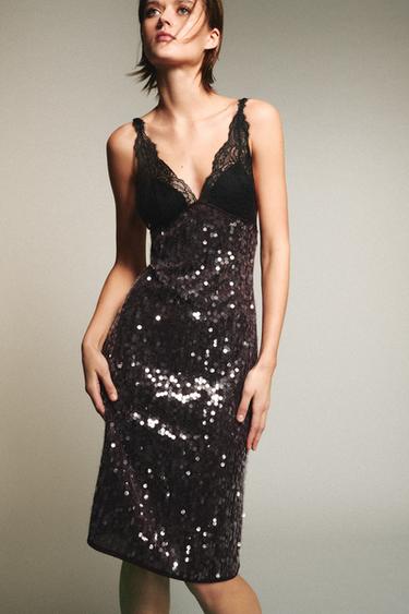 ROBE MI-LONGUE BIMATIÈRE PAILLETTES ET DENTELLE - Rouge / Noir de Zara