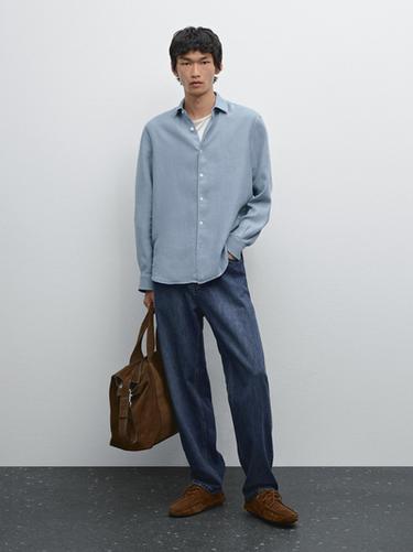 Zara Slim fit linen blend shirt - Green stripe - Image 0
