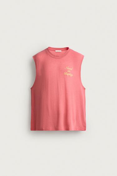 RELAXED FIT SLOGAN TANK TOP - Neon pink by Zara