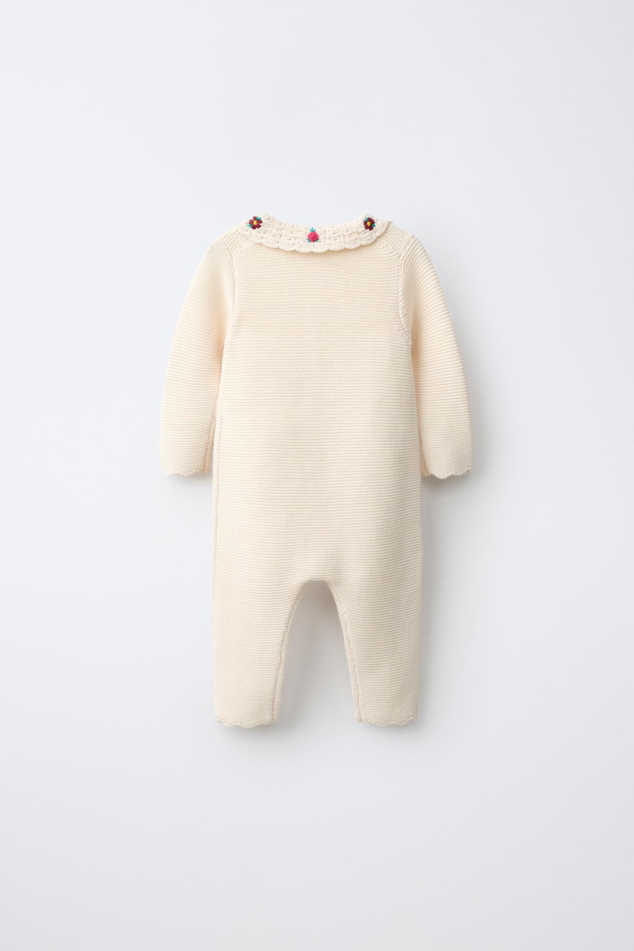 CROCHET COLLAR EMBROIDERED FLORAL JUMPSUIT — Ecru