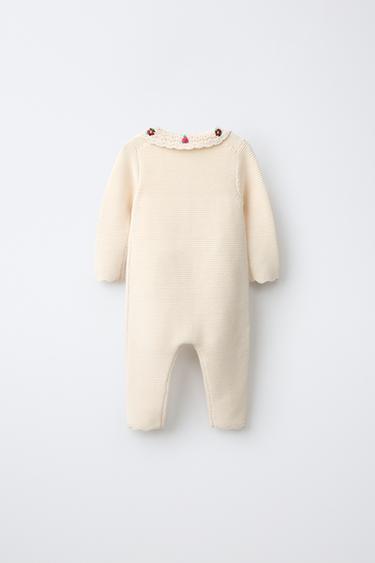 CROCHET COLLAR EMBROIDERED FLORAL JUMPSUIT — Ecru 2