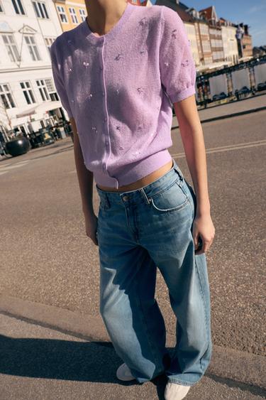 Zaras KORTÄRMAD STICKAD JACKA MED PALJETTER - Rosa / Lila