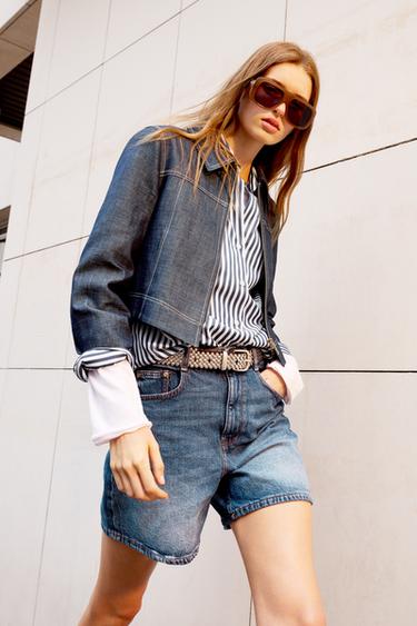 Zara WIDE SLEEVE LINEN SHIRT - Blue / White