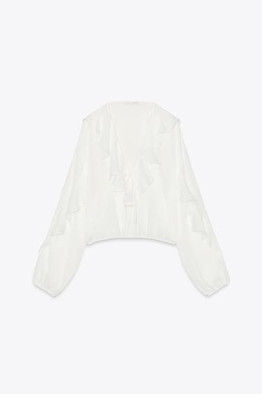Zara RUFFLED FLOWY BLOUSE - Oyster-white