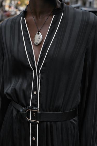 PLEATED MIDI DRESS WITH CONTRAST PIPING BELT - Black by Zara - Image 6