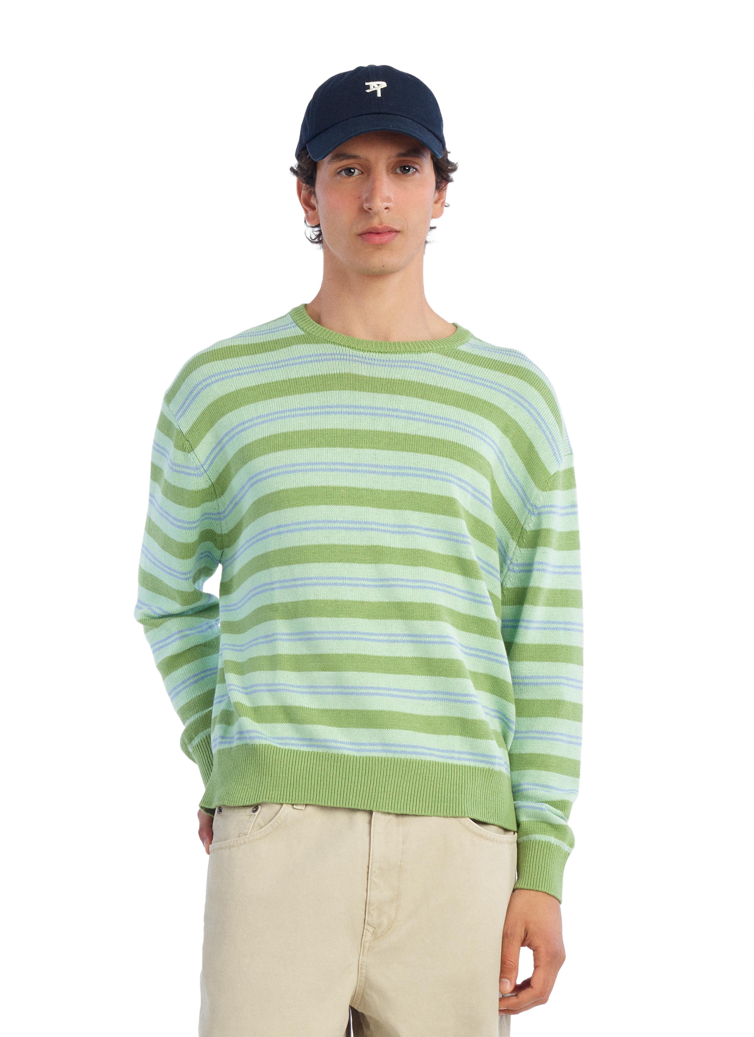 COTTON - LINEN STRIPED JUMPER — Greens