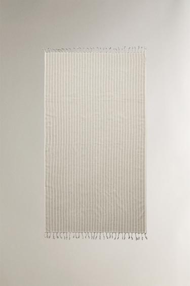 STRIPED COTTON BEACH TOWEL WITH FRINGING - Brown-Blue by Zara - Image 0