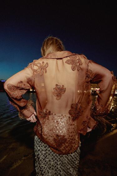 SEMI-SHEER SEQUINNED FEATHER SHIRT - Russet by Zara - Image 5