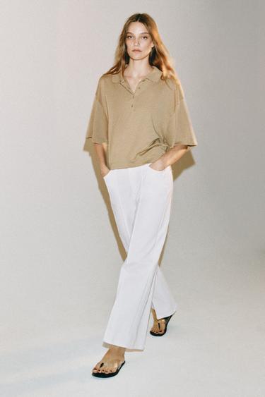 Zara ZW COLLECTION 高腰寬管牛仔褲 - 磨白色