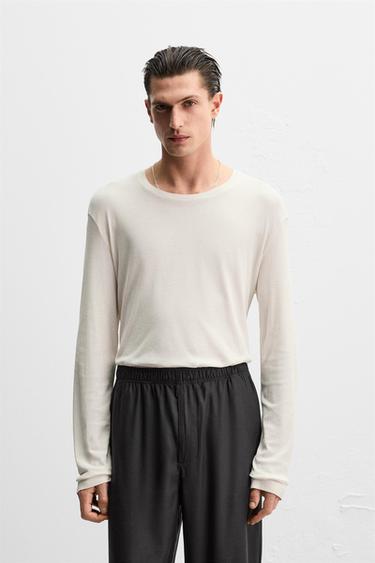 Zara LONG SLEEVE CREPE T-SHIRT - Ecru