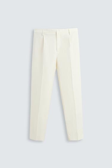 Zara LIMITED EDITION HERRINGBONE LINEN-WOOL PANTS - Oyster-white