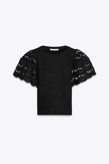 T-SHIRT MIT BESTICKTEN ÄRMELN - Schwarz von Zara - Bild 0