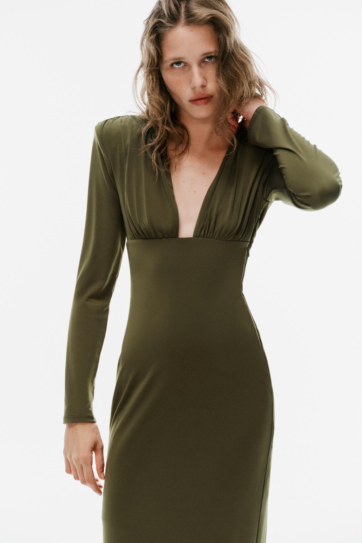 Женское платье Zara Shoulder Pad MIDI, цвет: Светлый хаки — фото 2