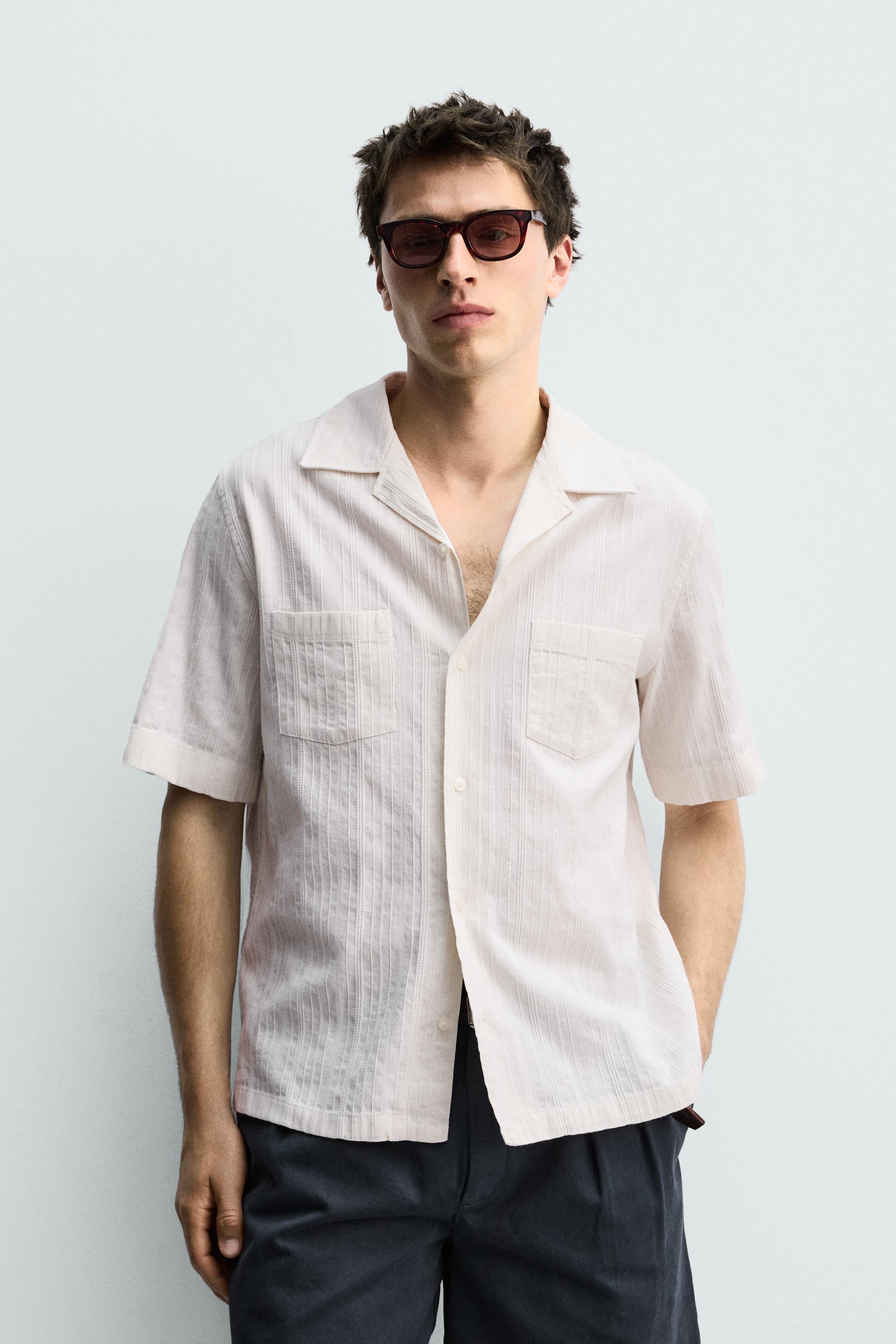 RELAXED FIT STRIPED JACQUARD SHIRT — ecru-white