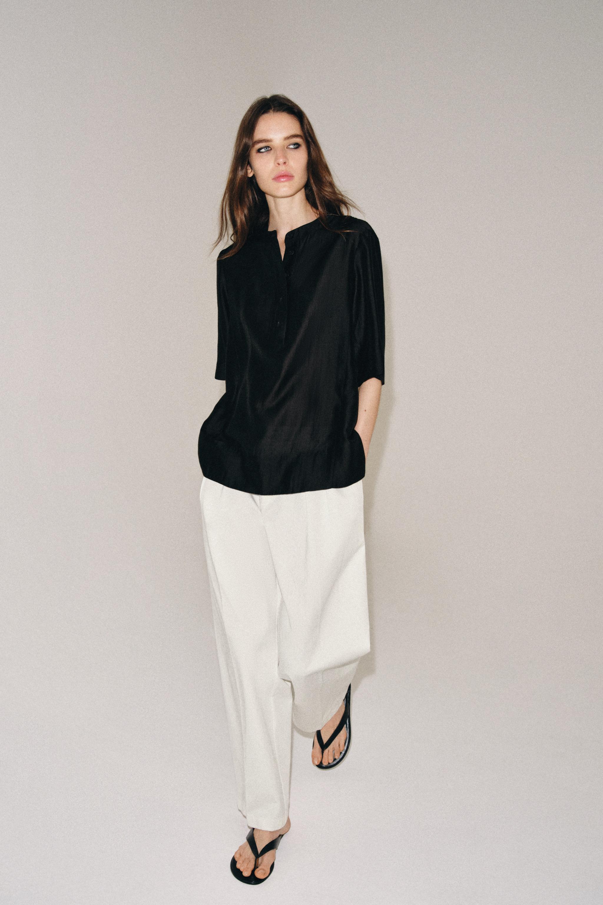 SHORT SLEEVE FLOWY BLOUSE ZW COLLECTION — Black