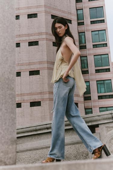 Zara TRF 中腰破損寬管牛仔褲 - 藍色