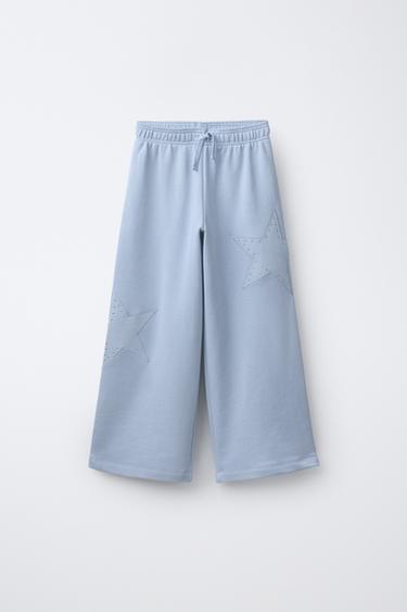 PANTALÓN FELPA WIDE LEG ESTRELLAS TACHAS - Azul claro de Zara - Imagen 0