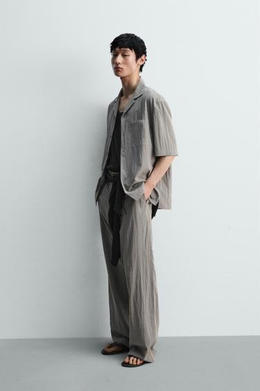 Zara 飄逸打褶紋理長褲 - 灰色