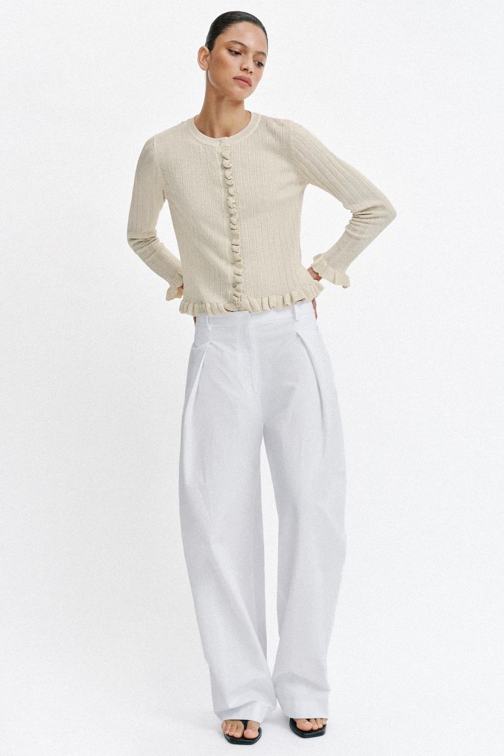 METALLIC THREAD RUFFLED KNIT CARDIGAN