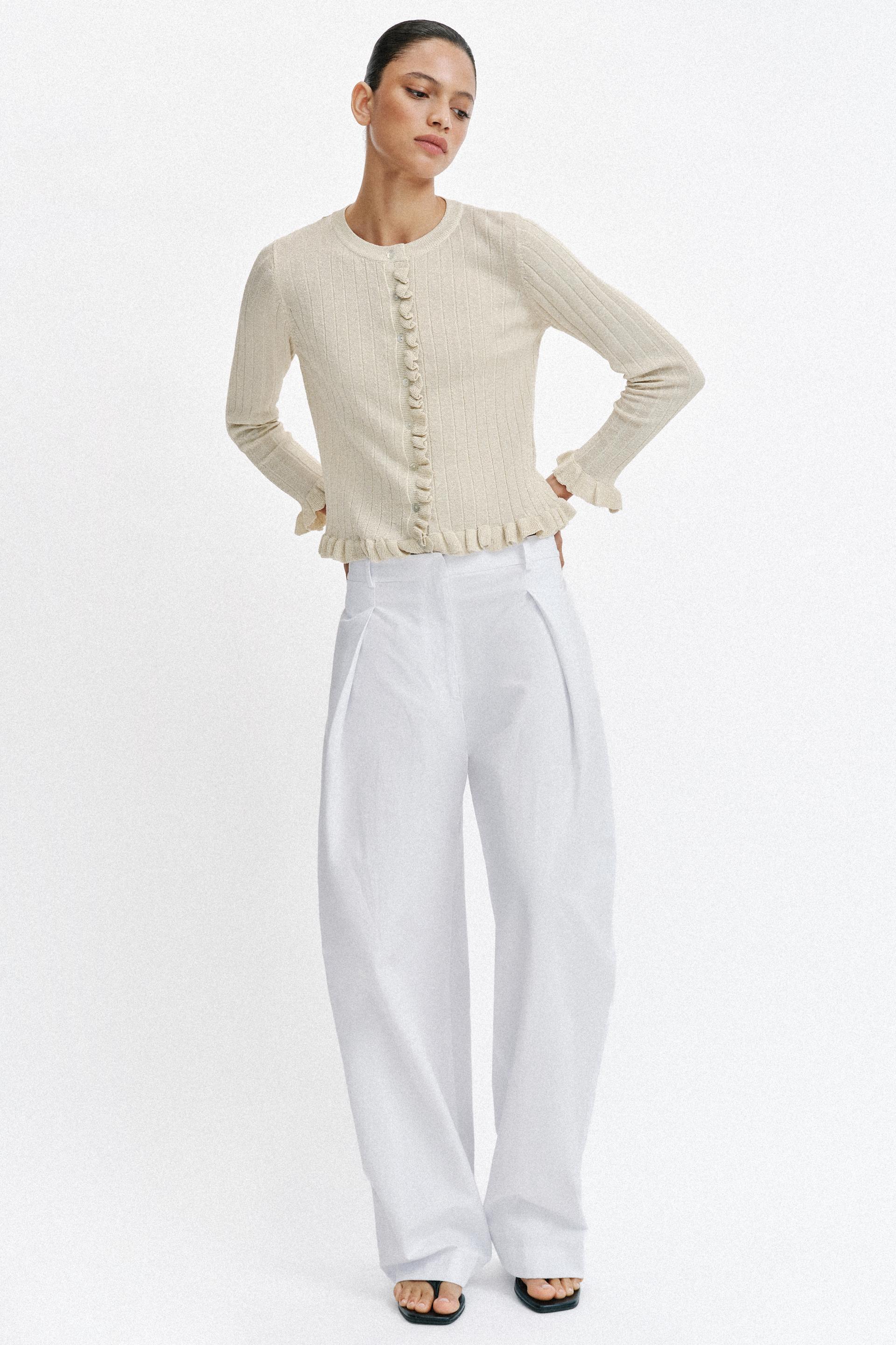 Metallic Thread Knit Cardigan With Ruffles