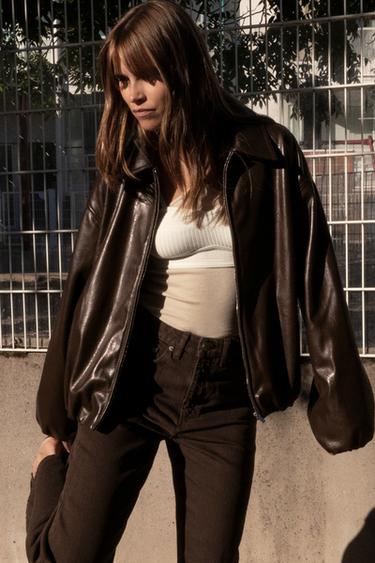 FAUX LEATHER BOMBER JACKET - Chocolate by Zara