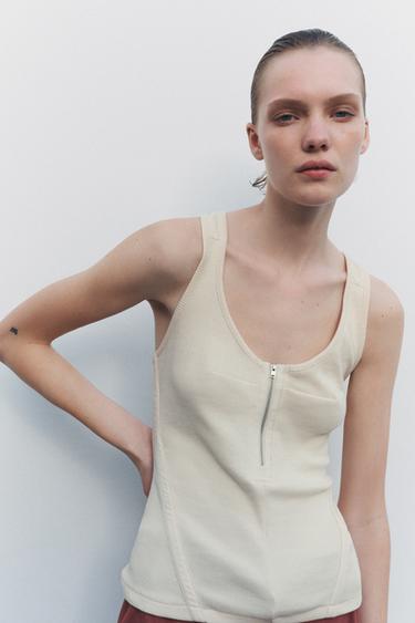 RIBBED ZIP-UP VEST TOP - Ecru / Beige by Zara - Image 1