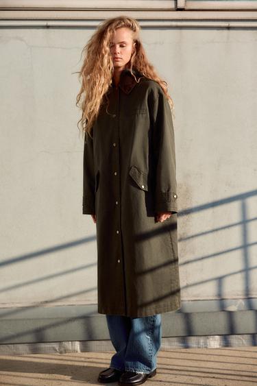 Zara WAXED CORDUROY COLLAR TRENCH COAT - Moss green