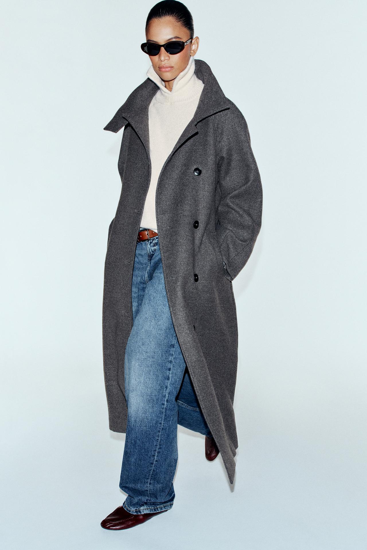 HIGH COLLAR BELTED COAT — Grey