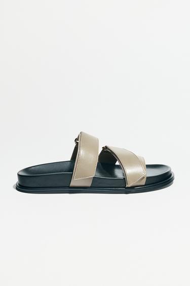 Zara METALLIC STRAP PLATFORM SANDALS - Khaki Green